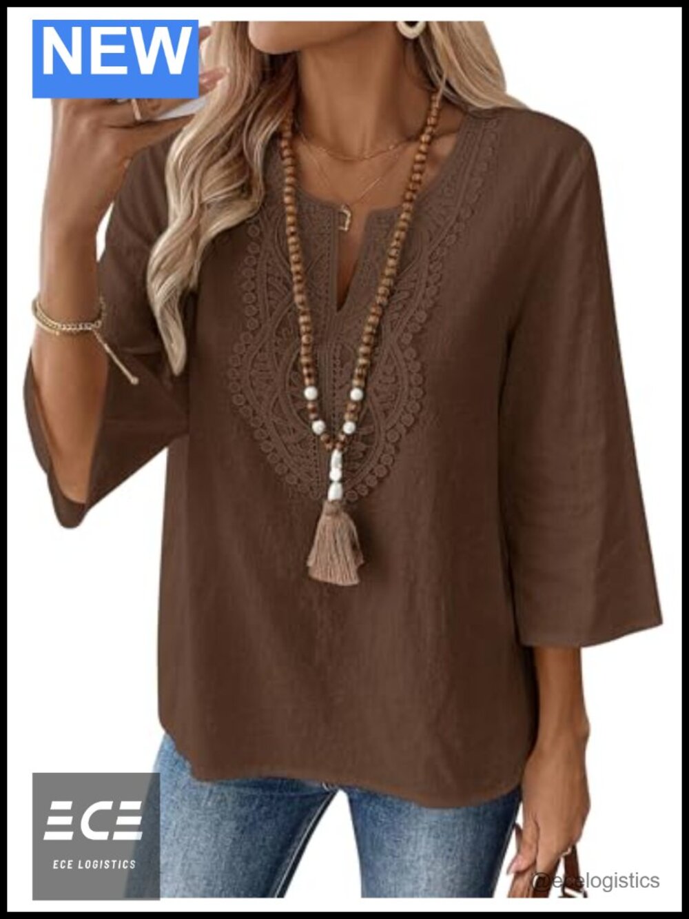 Womens 3/4 Sleeve Tunic Top Cotton Linen V-Neck Lace Detail Loose Fit